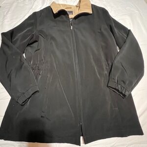 London Fog Womens Large Black Zip Up Lightweight Jacket Tan Contrast Collar Coat
